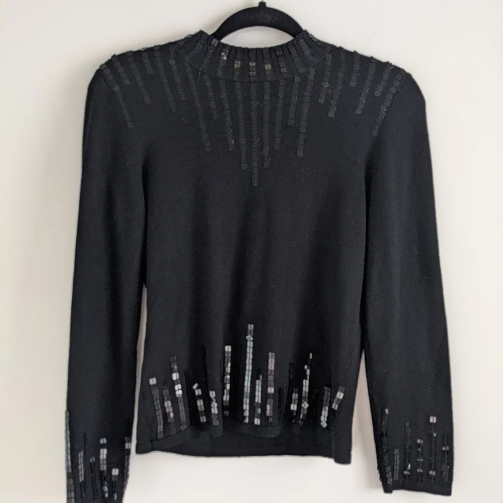 VINTAGE Black Mock Neck Square Line Sequin Sweater S
